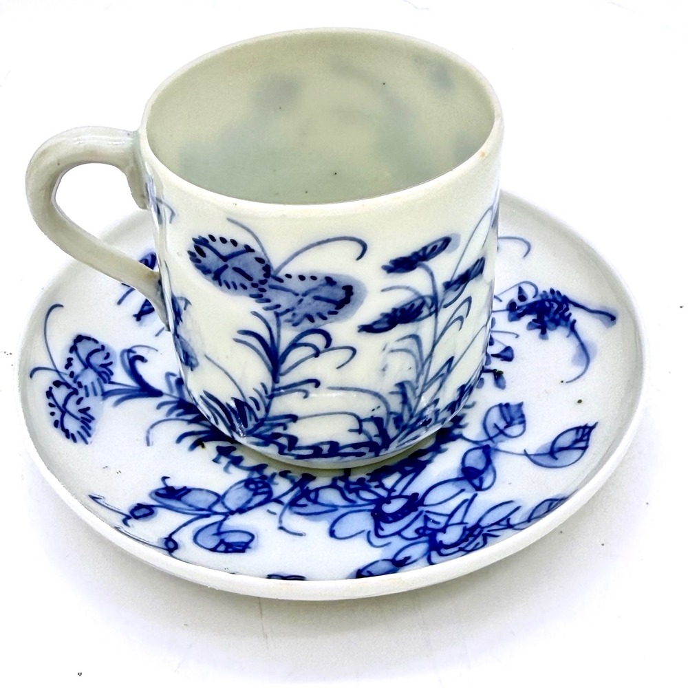 Antique Chinese Export Provincial Blue & White Floral Porcelain Cup & Saucer Set